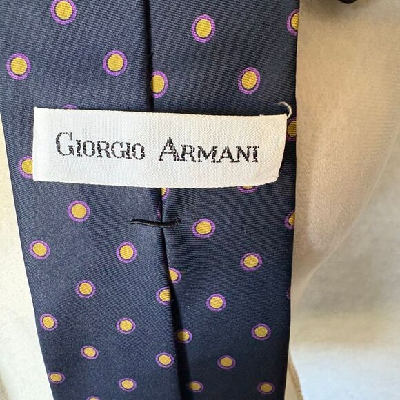 Vintage Giorgio Armani Silk Tie Navy Blue Double Polka Dot Tie - Picture 3 of 5